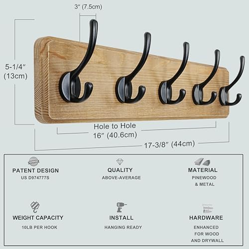 Dseap Wall Mounted Coat Rack: Patented, Heavy-Duty, 17.4" Long 5-Double-Hooks Wooden Hanger Rail for Winter Coats, Hat, Jacket, Clothing - Natural & Black - Image 6