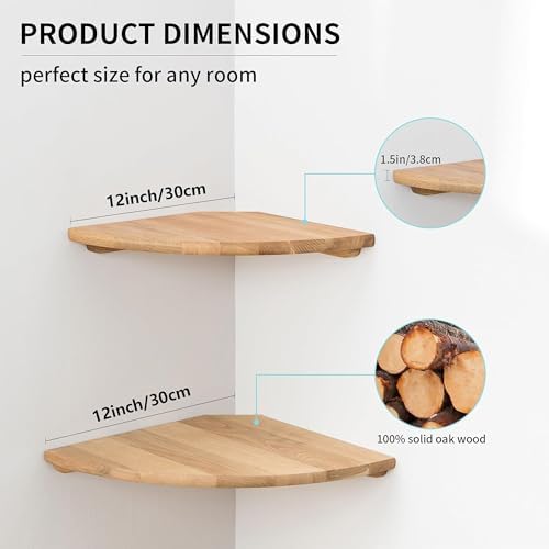 Corner Shelves, Floating Corner Shelf, Set of 2 12inch Solid Oak Wood Wall Shelves, Round End Wall Mount Display Shelf with Wire Hole for Bedroom Kitchen, Living Room - Image 6