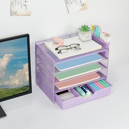LEKETREE Desk Organizers and Accessories, 5-Tier Paper Letter Tray Organizer with Drawer & 2 Pen Holders, Desktop Organizer for Office Supplies (Purple) - Image 3