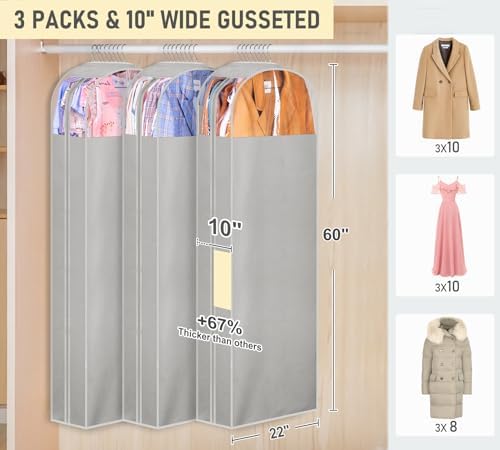 MISSLO 10" Gusseted Garment Bags for Hanging Clothes Storage 60" Dress Bags for Gowns Long Breathable Dress Cover for Closet Storage Coat Protector, 3 Packs, Grey - Image 2