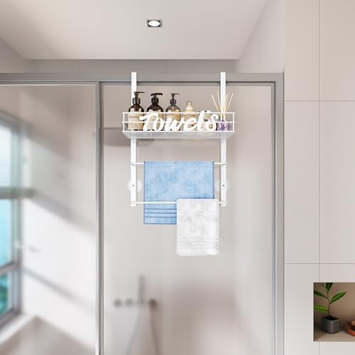SWTYMIKI Over the Door Towel Racks for Bathroom - 3-Tier Wall Mounted Bathroom Towel Storage Organizer Holder with Metal Shelf, White - Image 5