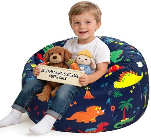 Lukeight Stuffed Animal Storage Bean Bag Chair Cover for Kids (No Filler), Velvet Plush Toy Organizer Seat, Long YKK Zipper, Side Pocket, Large 27"D x 16"H by Lukeight
