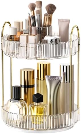 360° Rotating Makeup Organizer, Large-Capacity Skincare Make Up Storage 2 Tier Perfume Organizers Cosmetic Dresser Organizer with Makeup Brush Holder, Fits Bedroom, Bathroom, Vanity Shelf Countertop - Image 2
