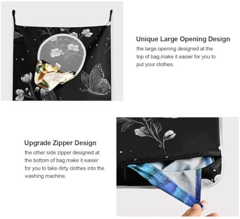 Door Hanging Laundry Hamper Bag with Free Adjustable Stainless Steel Hooks Dirty Clothes Hamper Extra Large Over the Door Laundry Hamper Butterfly Black 29.5X20inch 2 PCS - Image 4