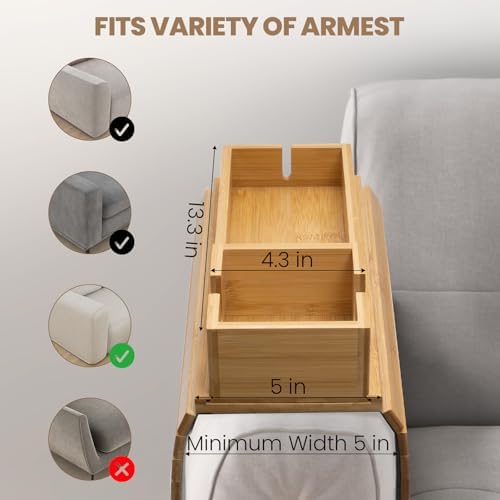 Bamboo Sofa Armrest Tray - Couch Arm Tray with Detachable Couch Cup Holder - 2 in 1 Anti-Slip Foldable Sofa Armchair Caddy Table - Cup Holder for Drinks Cellphone Snacks, Remote - Image 4