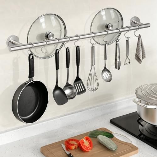 26 Inch Kitchen Utensil Rack, SUS304 Stainless Steel Pot and Pan Hanging Rail with 10 Sliding Hooks, Heavy Duty Wall Mounted Hanger and Organizer for Cookware, Mugs, Lids (Brushed Nickel) - Image 2