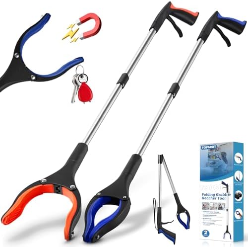 2-Pack Grabber Reacher Tool, 34" Foldable Reacher Grabber Pickup Tool with 90° Anti-Slip Rotating Jaw & Magnets, 4" Wide Claw Opening Reachers for Seniors, Trash Picker Tool by Unknown
