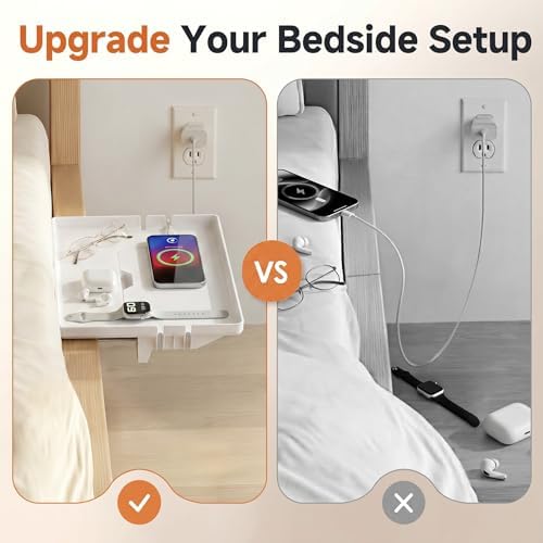 Clamp-On Bedside Shelf with Detachable Cup Holder & Cable Slots, Space-Saving Floating Nightstand for Top Bunk, Max 2.9", White - Image 6