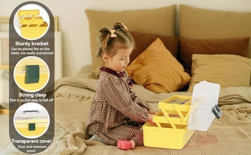 WEWLINE 13-Inch Art Box Sewing Storage Organizer 3-Layers Craft Storage Organizer with Handle Plastic Storage Boxes Organizers for Kids Student Artist,Yellow - Image 5