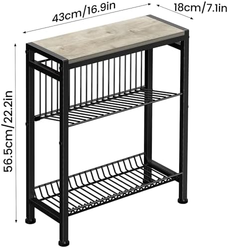 Narrow Side Table for Small Space, 3-Tier End Table with Magazine Holder, Slim Nightstand with Wire Shelf, Skinny Bedside Table in Living Room, Bedroom, Study, Kitchen and Balcony(Greige) - Image 3
