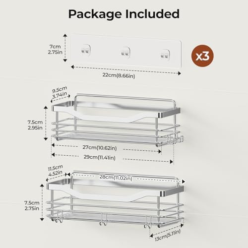 Orimade Shower Caddy Basket Shelf Storage Rack Pack of 2, No Drilling Wall Mounted Adhesive Rust Resistant Stainless Steel Shower Organizer with 5 Hooks for Bathroom, Toilet, Kitchen - Image 2
