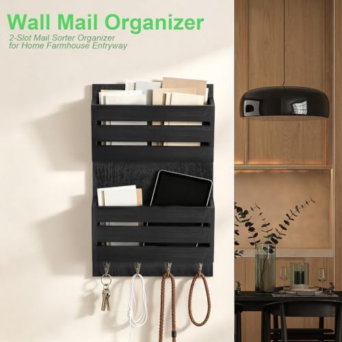 MOOACE Mail Organizer Wall Mount, Wood Mail and Key Holder with Hooks - Image 2