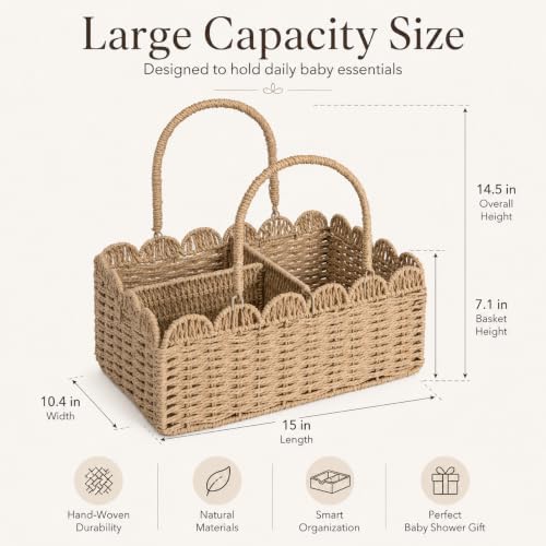 Large Wicker Diaper Caddy Organizer, Scalloped Nursery Basket for Changing Table, Woven Rope Baby Holder with Removable Divider, Portable Organizer for Diapers Wipes Clothes Toys & Essentials (Khaki) - Image 2