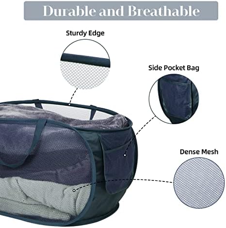 Durable Collapsible Laundry Baskets, Mesh Pop Up Laundry Hamper with Side Pocket, Foldable Clothes Hamper with Reinforced Carry Handles for Laundry, Bathroom, Kids Room, Dorm, Travel 2 Pack Navy Blue - Image 4