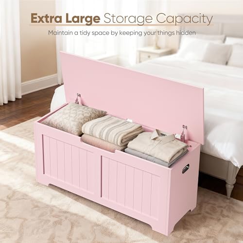 SUPER DEAL Storage Chest, 39 inches Chest Box Organizer with 2 Safety Hinges, Wooden Entryway Shoe Organizer Storage Bench, Pink - Image 3