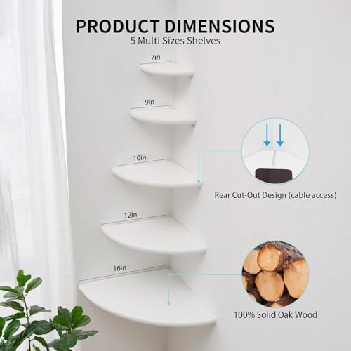 Gieanoo White Corner Wall Shelf 9inch Solid Oak Wood Floating Corner Shelf with Wire Hole Corner Wall Storage Display Shelves for Living Room Bedroom Bathroom Kitchen - Image 5