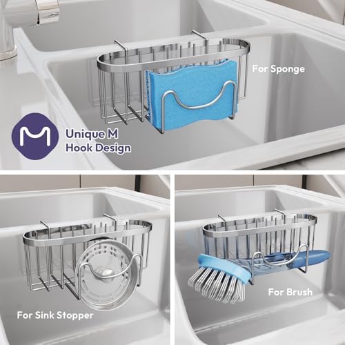 SWTYMIKI Sponge Holder for Kitchen Sink - Movable Kitchen Sink Caddy with M Shape Hook Stainless Steel Hanging Sponges Caddy Organizer in Double Bowl Sinks Depth>3.15in, Middle divider<1.5in, Silver L - Image 3