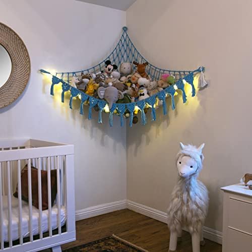 Abby Baby Extra Large Stuffed Animal Storage Hammock Corner with LED Lights – 25LB Capacity Hanging Toy Net for Small or Large Plushies, Boho Macrame Squishmallow, Plush Net, Blue - Image 3