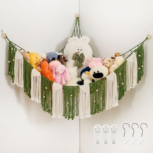 Pretty Jolly Stuffed Animal Hammock with Weaving Tassels and Beads Avocado Green by PrettyJolly
