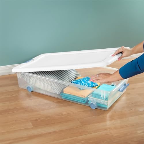 Sterilite Latching Storage Box, Stackable Bin with Latch Lid, Plastic Container to Organize Closet Shelf, Clear with White Lid, 56 Quart, 12-Pack - Image 6