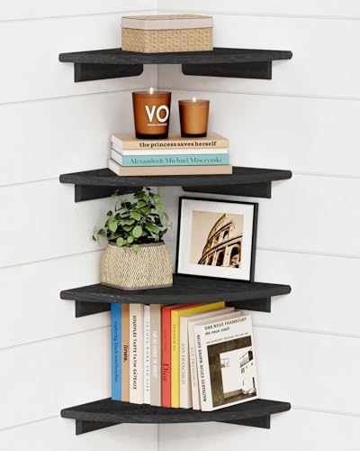 Forbena Black Floating Corner Bookshelf for Wall Set of 4, Large Corner Plant Shelves for Living Room, Rustic Rounded Hanging Bookshelves Wall Mounted for Bedroom Books, Kitchen, Closet, Office by Forbena