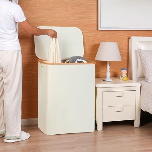 efluky Double Laundry Hamper with Lid and Removable Bags, 160L Beige - Image 4