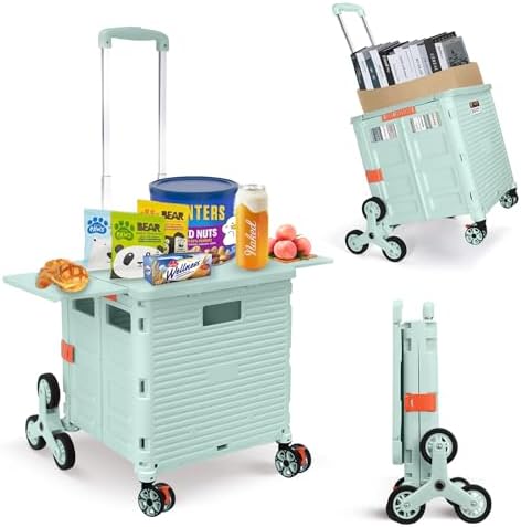 Foldable Utility Cart Collapsible Portable Crate Rolling Carts with Stair Climbing Wheels Tote Basket with Magnetic Lid Telescopic Cover Wear-Resistant 360°Rotate Wheel Noiseless for Shopping Office by SELORSS