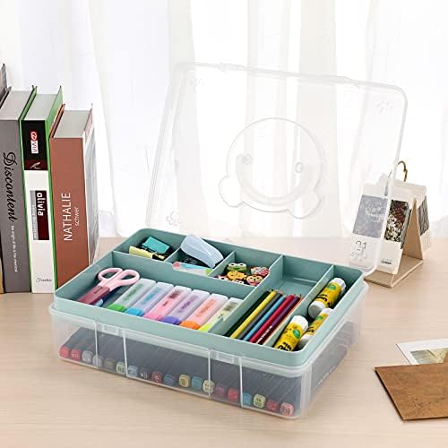 BTSKY 2-Tier Cute Bear Storage Box with Removable Divided Tray Portable Clear Plastic Art Craft Supply Organizer Stackable Home Office Supplies Storage Container for Pens Notes A4 papers etc (Blue) - Image 5