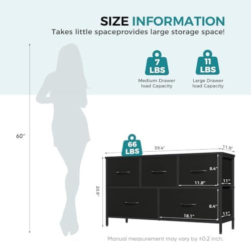 OLIXIS 5 Drawer Black Dresser for Bedroom, Closet Chest Organizer Furniture - Image 3