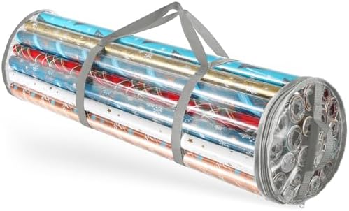 Hearth & Harbor Wrapping Paper Storage Container - Clear Wrapping Paper Holder Fits Up To 14 Rolls of 40" - Tear Proof Gift Wrap Organizer - Premium Bag for Easy Carrying, Silver by HearthHarbor