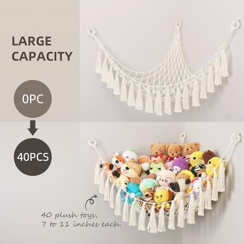 Stuffed Animal Hammock Net, Toy Storage For Stuffy, Plushie Net Wall Hanging Organizer Corner Holderwith Tassels Hooks For Kids Bedroom Nursery Room - Image 3