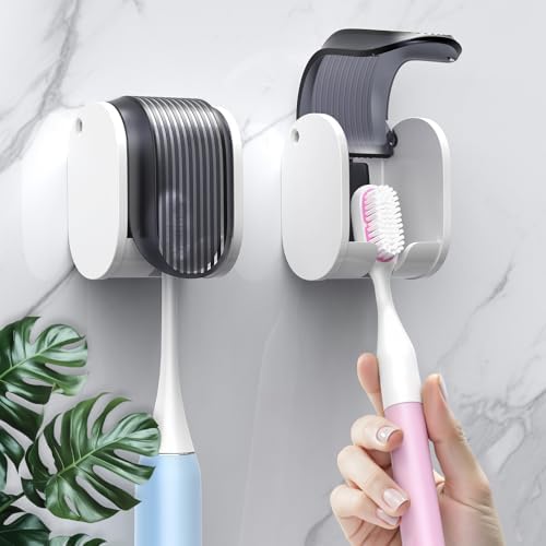 2 Pcs Toothbrush Holders Wall Mounted, Single Slot Design, Shower Self Adhesive Wall Mounted Toothbrush Holder with Cover, Waterproof and Dustproof, Suitable for Bathroom, Family, Travel (Grey) by LUWUIDEN