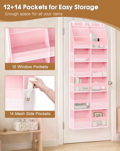 Criusia Over the Door Organizer, Extra Large 12 Compartments Closet Hanging Storage with 14 Mesh Pockets, 85lbs Capacity Behind the Door Storage for Baby Nursery, Bathroom, Bedroom, and Dorm, Pink - Image 5