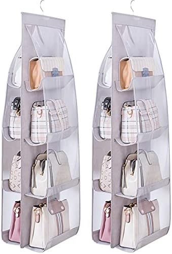 MURRI&MURRDI 2 Packs Hanging Handbag Organizer for Closet, Purse Storage Holder with 8 Easy Access Clear PVC Pockets, Womens Purse Hanger Bag for Wardrobe Door Wall Space Saving, Gray by MURRIMURRDI
