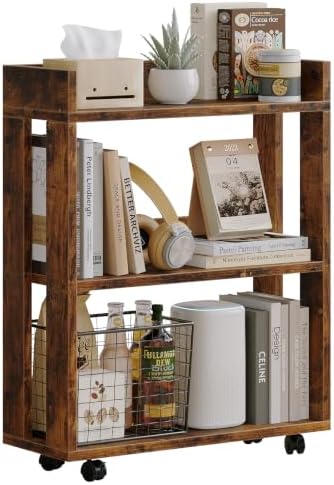 ALISENED 3-Tier Small Bookshelf with Wheels, Bedside Cart Library Cart by ALISENED