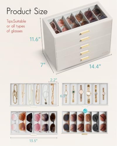 VLANDO 30-Slot Sunglasses Organizer Case with Clear Lid & 5 Drawers,Beige - Image 6