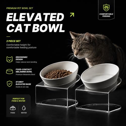 LivLab Mker Elevated Cat Bowls,15° Tilted, 4.5 in High, White, 2 Pack - Image 2