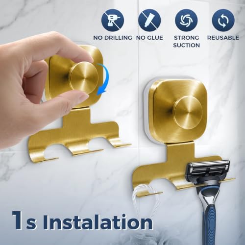 Square Suction Cup Razor Holder for Shower,Heavy-Duty 7KG Suction Hooks for Razor,Towel,Loofah,Removable Damage-Free Metal Shower Hook,Shaver Holder,2 Pack(Brushed Gold) - Image 2