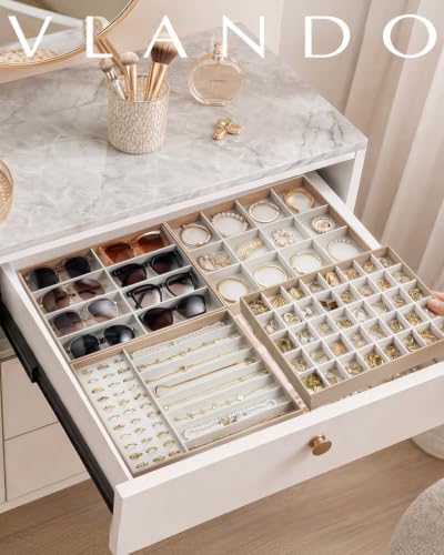 VLANDO Stackable Jewelry Tray, Drawer Organizer, 40-Grid Display,Toffee - Image 6