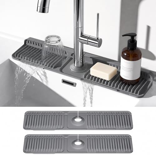 2PCS 24 Inch Faucet Mat for Kitchen Sink, Silicone Splash Guard for Kitchen Sink Area, 7° Slope Fast Self-Draining Sink Mat, Cuttable Hole Design, Sink Backsplash Guard Draining Mat, Dark Grey by Prolixity