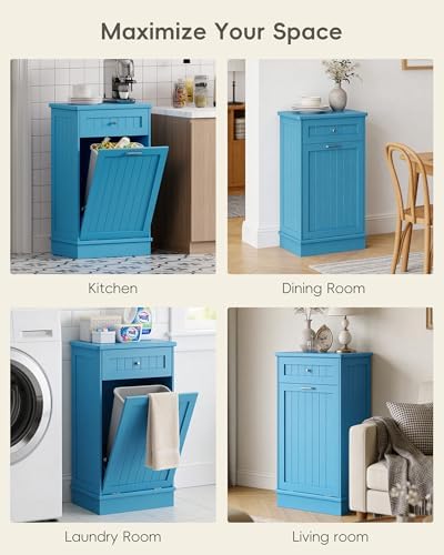 Betterhood 10 Gallon Tilt Out Trash Cabinet with Big Storage Drawer, Solid Wooden Trash Garbage Can Cabinet, Mid-Century Modern Recycling Cabinet & Laundry Sorter for Kitchen Dining Room, Light Blue - Image 7