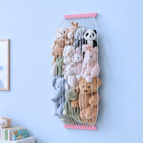 Stuffed Animal Storage Wooden Soft Toy Storage for Kids Room，Wall Mount Door Hanging Stuffed Animal Toy Organizer Shelf for Nursery Play Room Pink -Patent by VOMELON