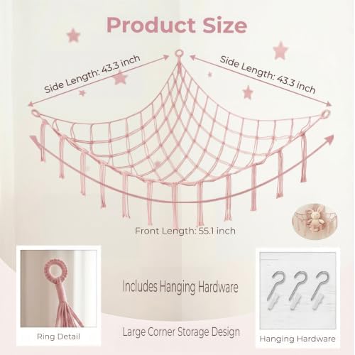 Stuffed Animal Storage Hammock Corner Net, Large Macrame Stuffed Animal Organizer Holder, Cotton Hanging Toy Hammock for Plush Toys, Boho Nursery Girls Bedroom Dorm Room Decor, Pink - Image 2