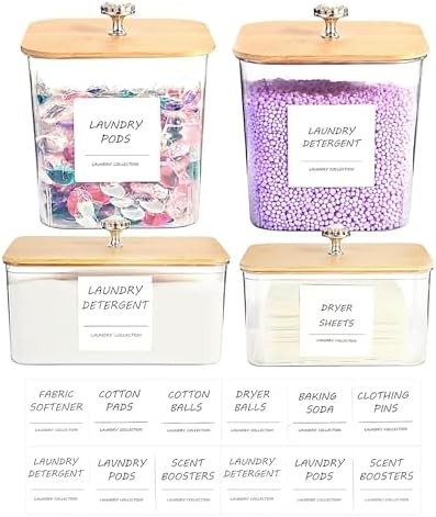 4 Pack Laundry Room Organization Storage Containers, Plastic Clear Laundry Pods Container & Dryer Sheet Holder Jars with Lids, Scoops & Labels for Detergent, Powder, Dryer Balls, Beads - Image 7