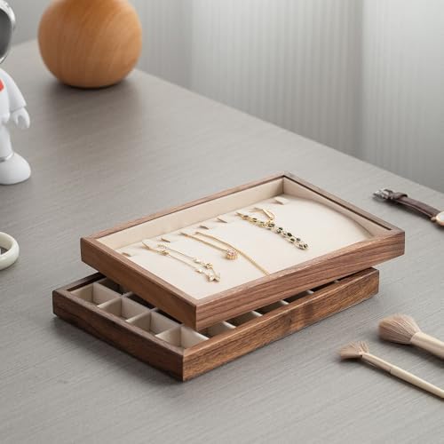 9 Grid Black Walnut Wood Jewelry Tray with Velvet Lining, Stackable Jewelry Organizer for Necklace, Bracelet & Pendant Storage, Premium Elegant Jewelry Drawer Organizer for Women - Image 2