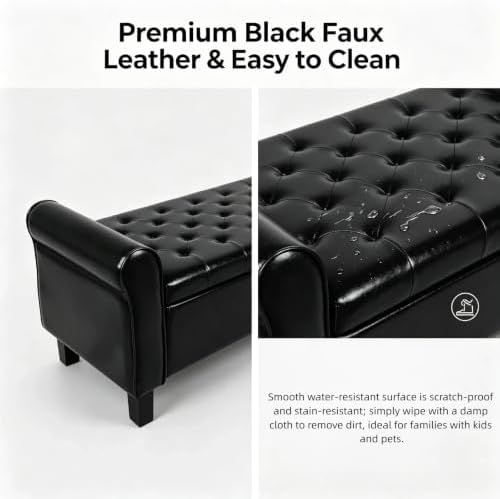 51 Inch Black Faux Leather Storage Ottoman Bench with Rolled Armrests - Image 5