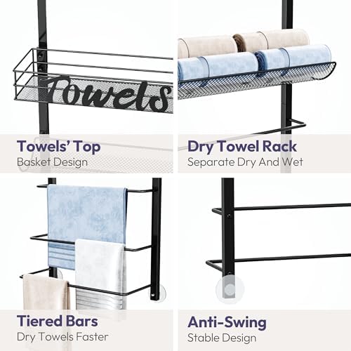 SWTYMIKI Over the Door Towel Racks for Bathroom - 5-Tier Wall Mounted Bathroom Towel Storage Organizer Holder with Metal Shelf, Black - Image 6