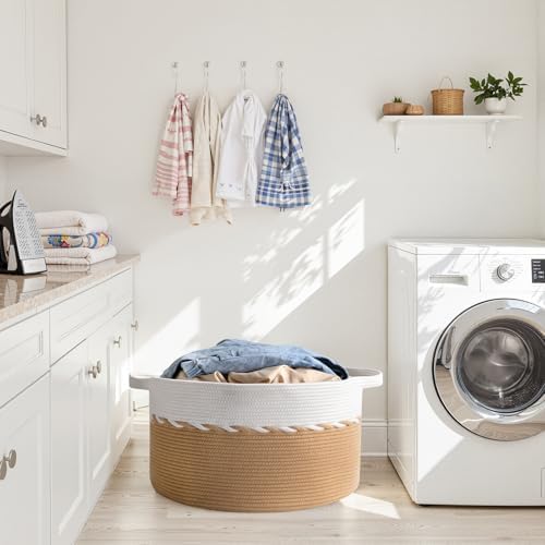 OIAHOMY 90L Extra Large Blanket Basket - Decorative Cotton Rope Storage Basket for Bedroom, Living Room & Nursery - Woven Laundry Hamper for Organizing Blankets, Clothes & Toys - Yellow & White - Image 6