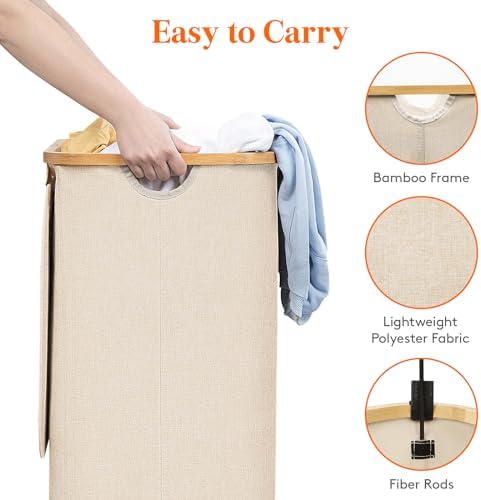 Lifewit 105L Large Laundry Basket with Lid, Removable Bags, Beige - Image 5