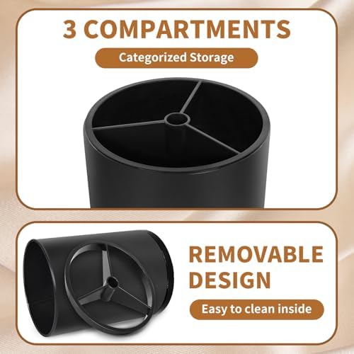 Nigelia Extra Large Kitchen Utensil Holder, 360° Rotating Stainless Steel Cooking Utensil Holder for Countertop, 3 Compartment Flatware Organizer & Cooking Caddy with Removable Base（Black） - Image 4